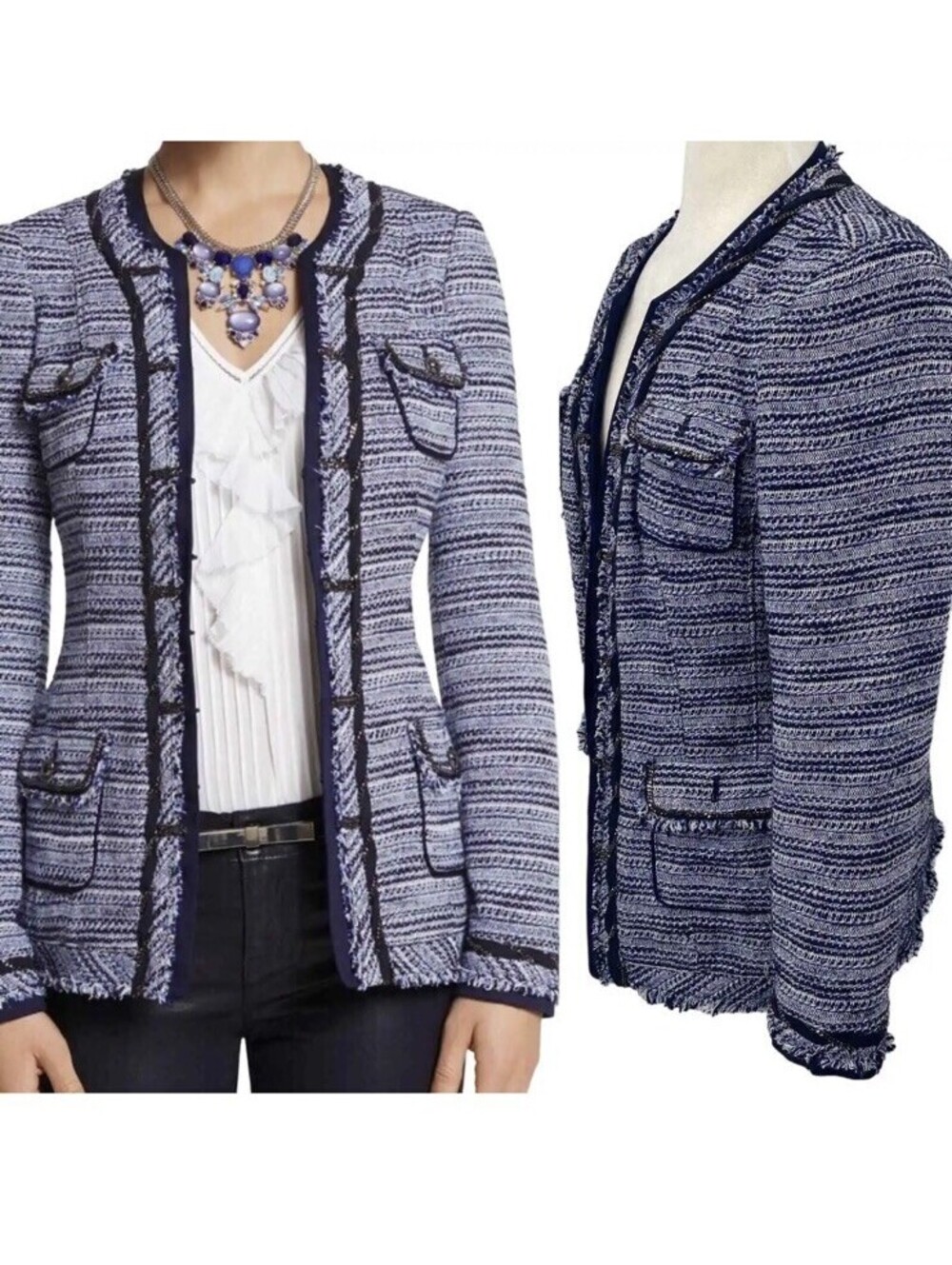 White House Black Market Tweed Blazer Sz. 0 Collarless Chains Detailed Blue